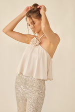 Fanchie Rose Detail Halter Neck Top - Cream
