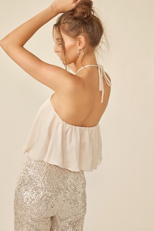 Fanchie Rose Detail Halter Neck Top - Cream
