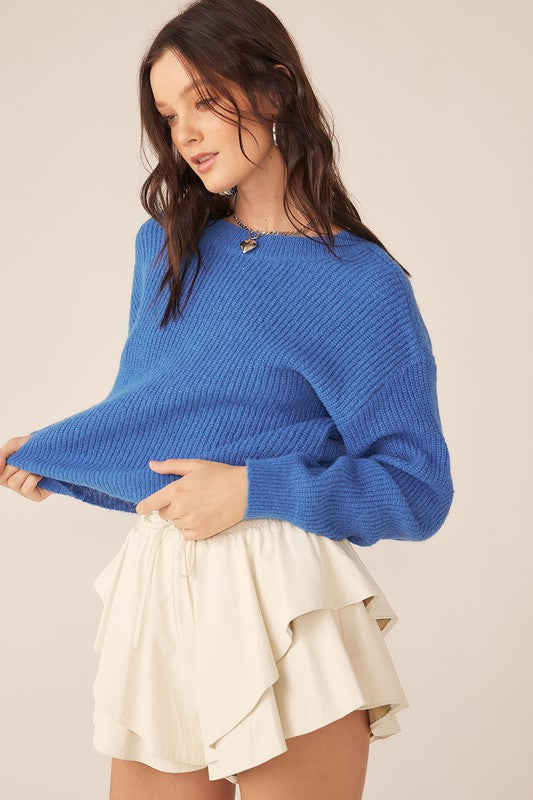 Ilaria Back V-Neck Knit Sweater Top - Blue