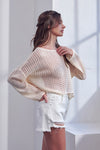 Alida Crochet Knit Long Sleeve Crop Top - Cream