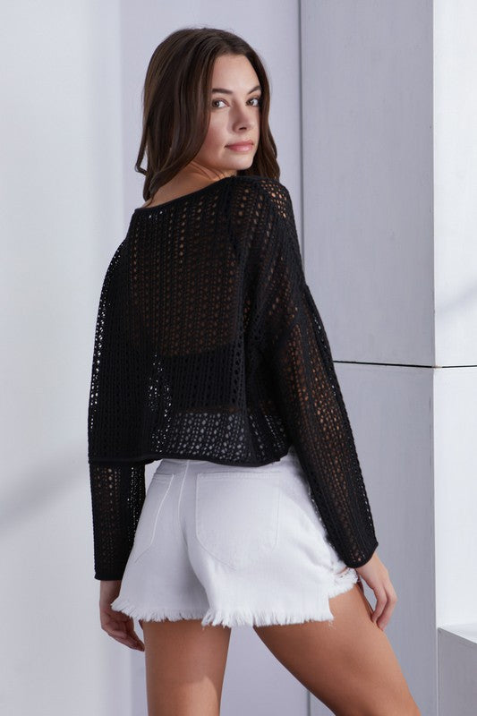 Alida Crochet Knit Long Sleeve Crop Top - Black – Girls Will Be Girls