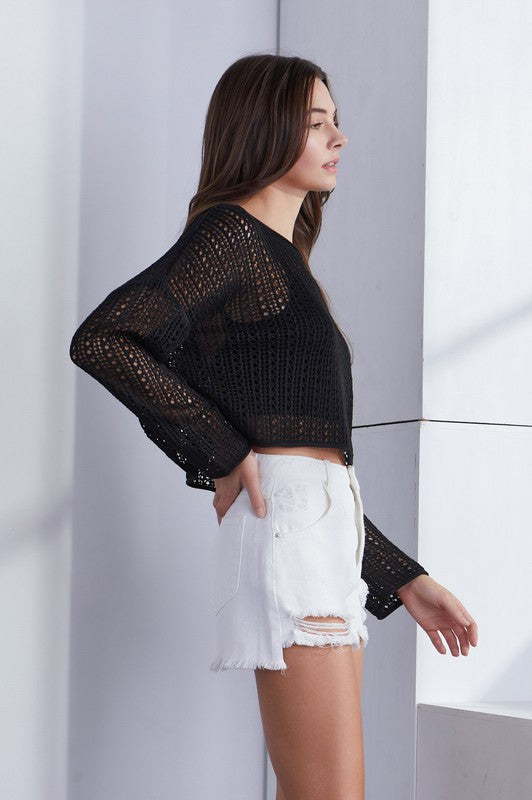 Alida Crochet Knit Long Sleeve Crop Top - Black – Girls Will Be Girls