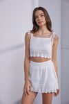 Edis Crochet Shoulder Tie Crop Top And Mini Skort Set - White