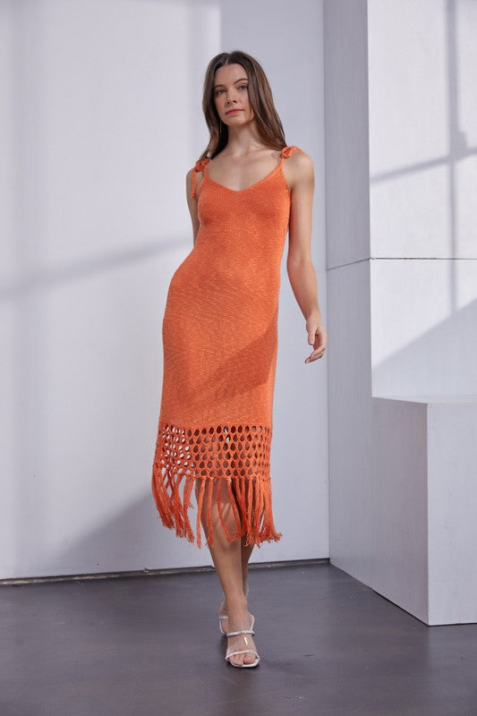 Amara Shoulder Tie Knit & Fringe Hem Midi Dress - Mandarin Girls Will Be Girls Amara Shoulder Tie Knit & Fringe Hem Midi Dress - Mandarin Girls Will Be Girls