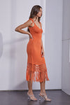 Amara Shoulder Tie Knit & Fringe Hem Midi Dress - Mandarin