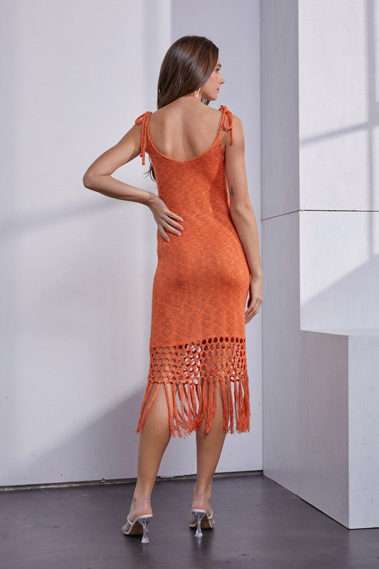 Amara Shoulder Tie Knit & Fringe Hem Midi Dress - Mandarin