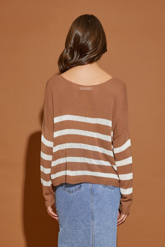 Trilby Stripe Lightweight Knit Sweater Top - Brown