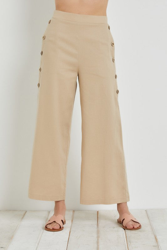 Abdele Linen High Waisted Side Button Cropped Pants - Taupe