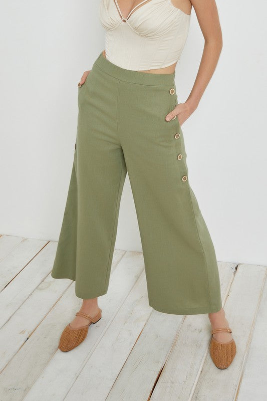 Abdele Linen High Waisted Side Button Cropped Pants - Olive