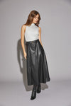 Esta Belted Flare Cut Faux Leather Skirt - Black