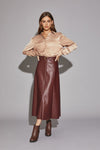 Esta Belted Flare Cut Faux Leather Skirt - Merlot