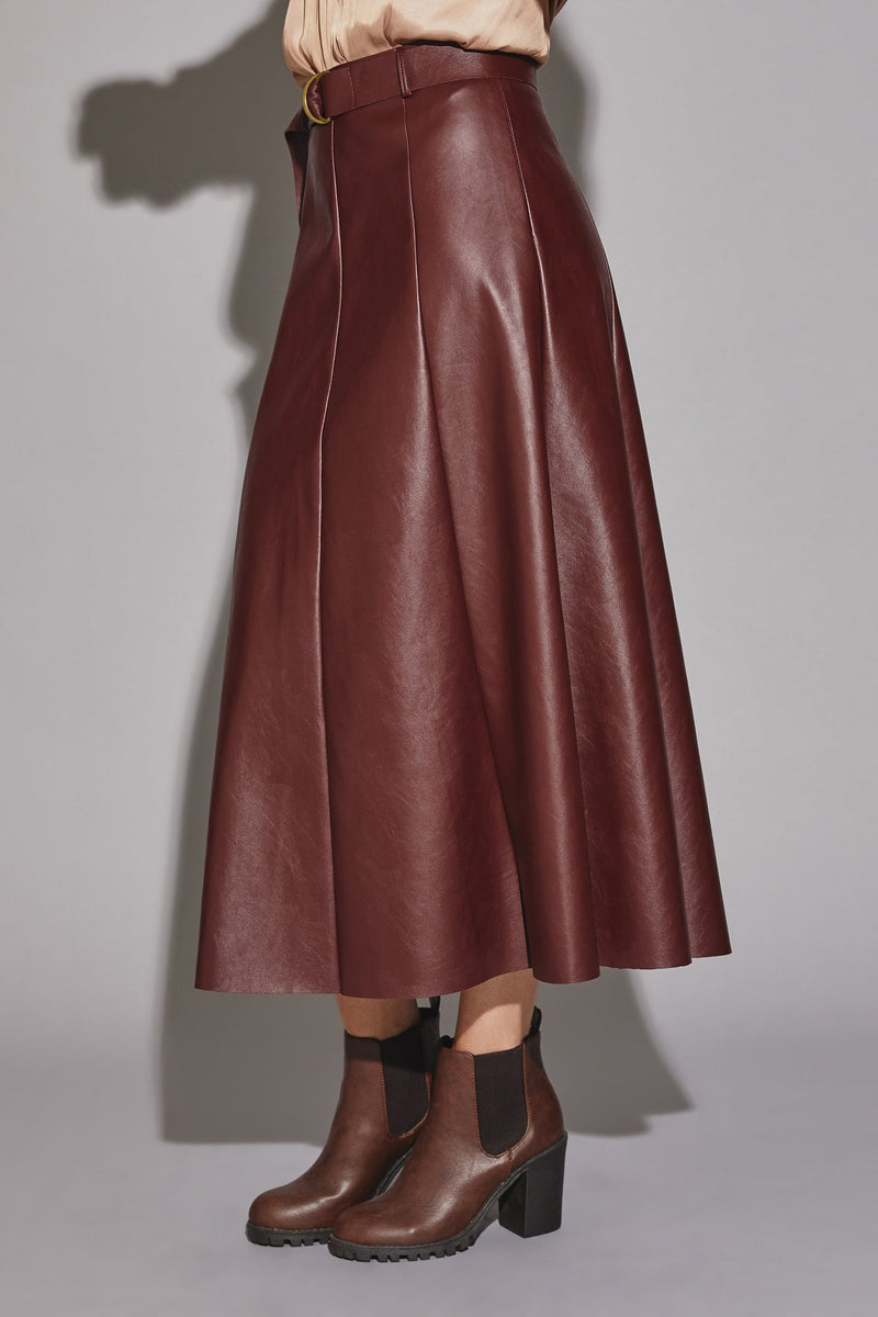 Esta Belted Flare Cut Faux Leather Skirt - Merlot