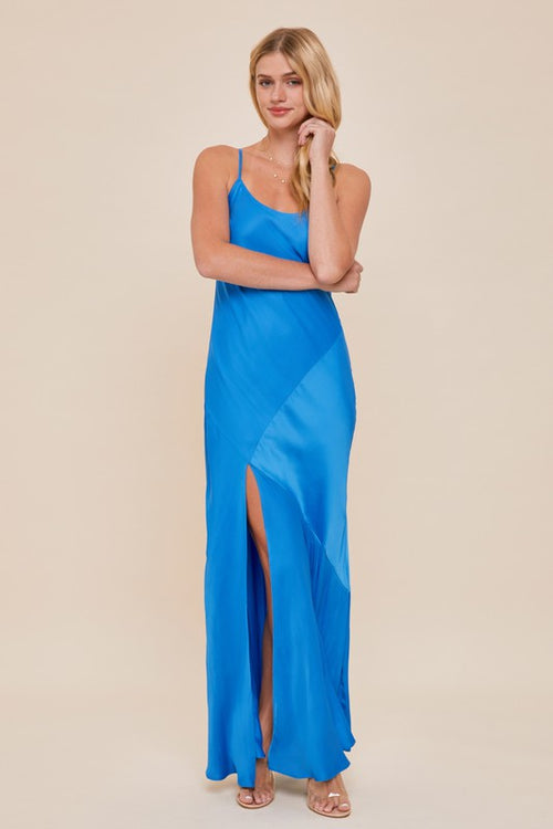 Abigail Satin V-Neck Side Slit Maxi Slip Dress - Blue