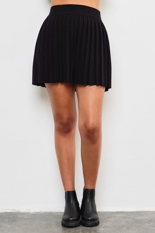 Danilyn Knit Pleated Mini Skirt - Black