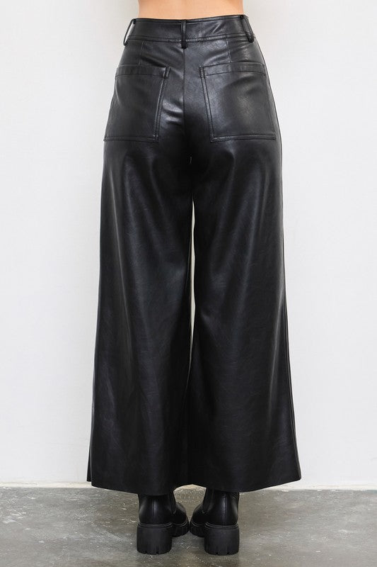 Vali Faux Leather Wide Leg Pants - Black