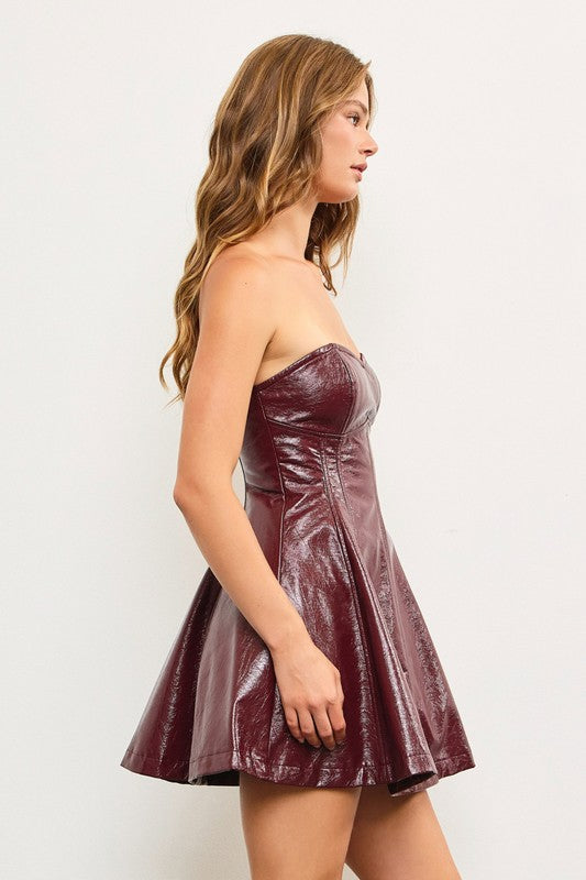 Ariadne Strapless Faux Leather Bustier A-Line Mini Dress