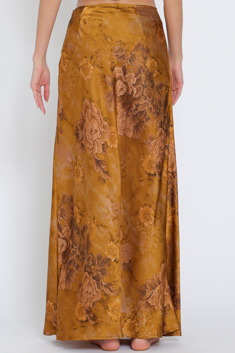 Cannie Satin Floral Maxi Skirt - Camel/Floral