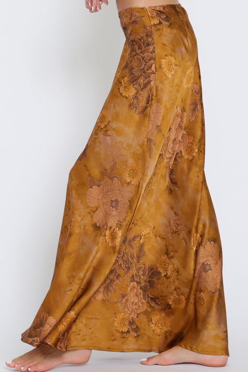 Cannie Satin Floral Maxi Skirt - Camel/Floral