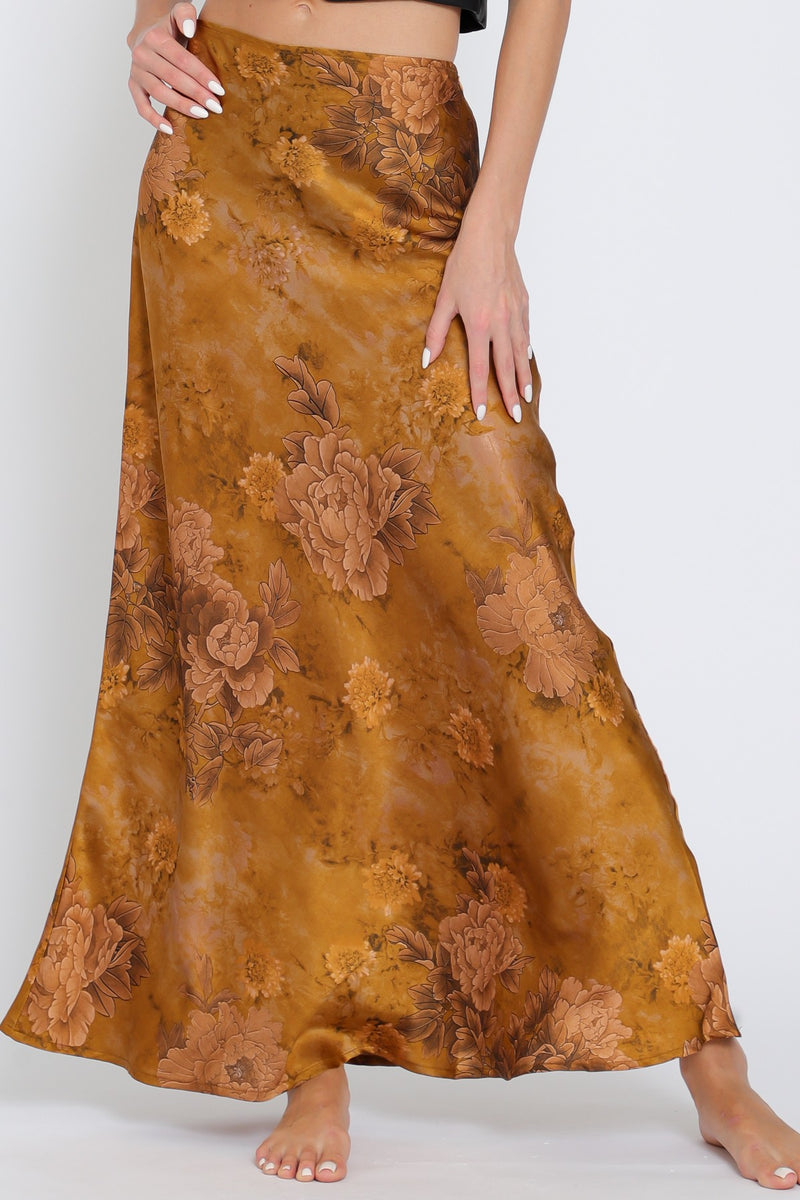 Cannie Satin Floral Maxi Skirt - Camel/Floral