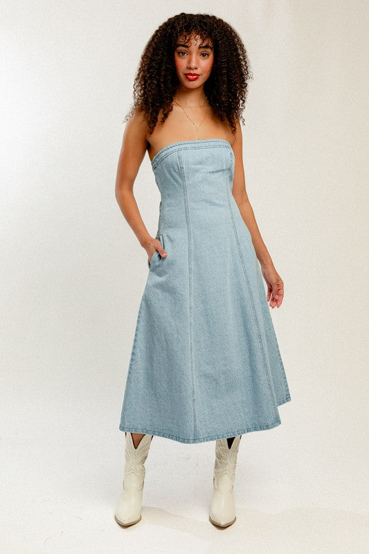 Harleen Strapless Denim Midi Dress Girls Will Be Girls Harleen Strapless Denim Midi Dress Girls Will Be Girls