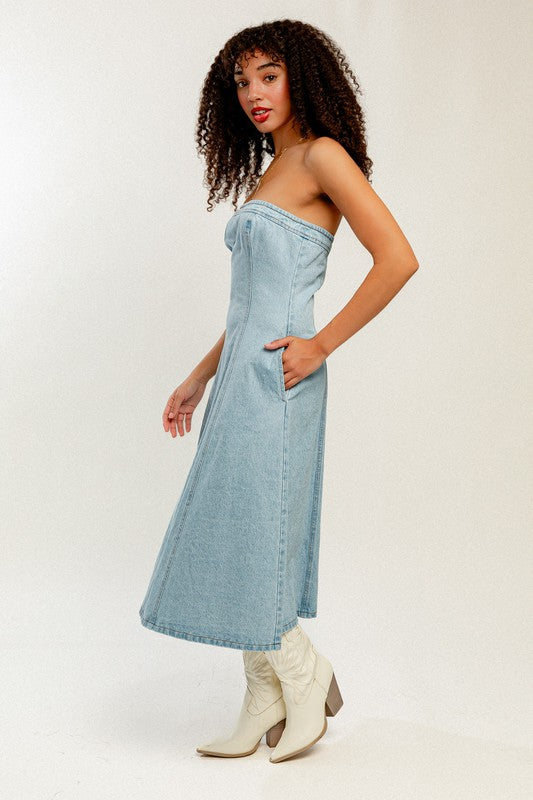 Harleen Strapless Denim Midi Dress Girls Will Be Girls Harleen Strapless Denim Midi Dress Girls Will Be Girls