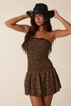 Chrissy Leopard Smocked Strapless Mini Dress