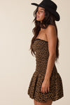Chrissy Leopard Smocked Strapless Mini Dress