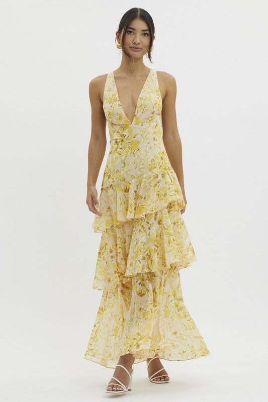 Quinlee Floral Tiered Ruffle Tie Back Maxi Dress