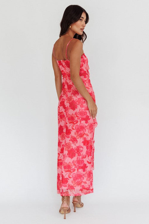 Gabriella Mesh Floral Ruffle Detail Maxi Dress - Red/Pink