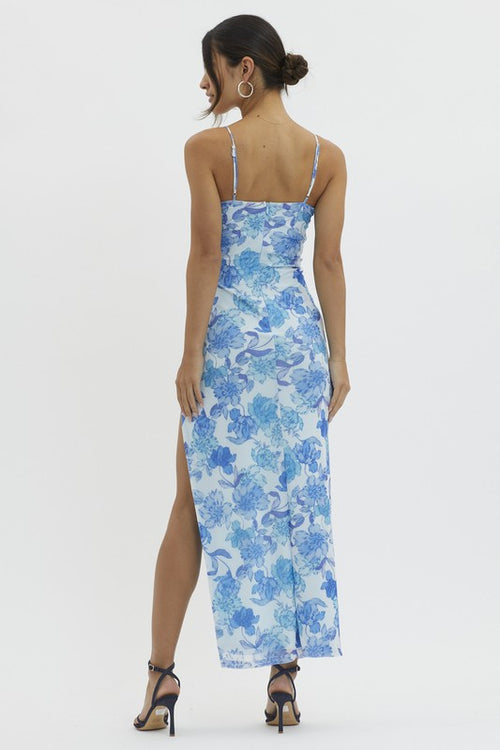 Gabriella Mesh Floral Ruffle Detail Maxi Dress - Blue/White
