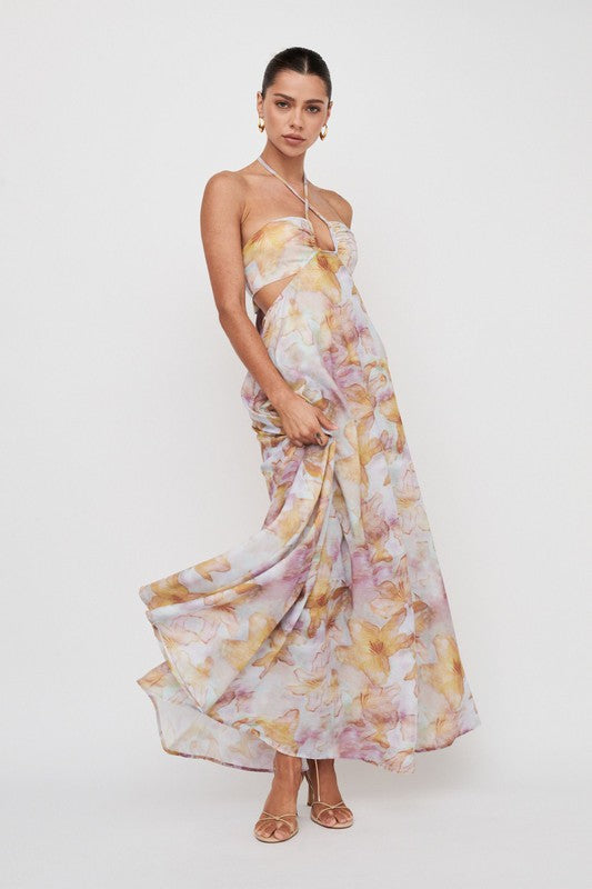 Arya Floral Halter Cut Out Tie Back Maxi Dress