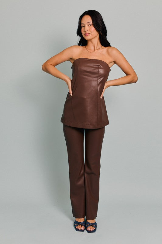 Vanessa Faux Leather Strapless Top & Pants Set