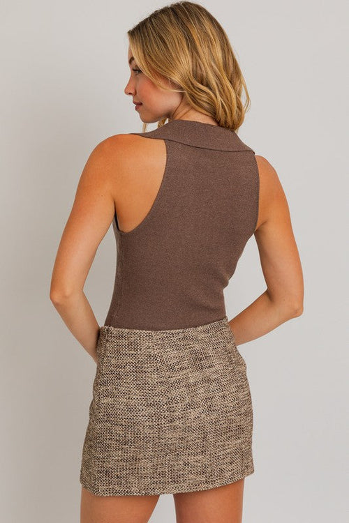 Jules Collar Sleeveless Knit Bodysuit - Brown