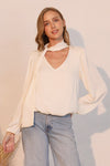 Kamira Neck Tie Bubble Hem Long Sleeve Silky Top - Ivory