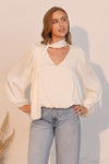 Kamira Neck Tie Bubble Hem Long Sleeve Silky Top - Ivory