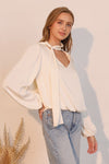 Kamira Neck Tie Bubble Hem Long Sleeve Silky Top - Ivory