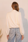 Kamira Neck Tie Bubble Hem Long Sleeve Silky Top - Ivory