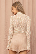 Dunia Sheer Lace Turtle Neck Top - Cream