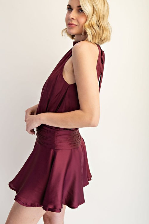 Darly Satin Tie Back Halter Drop Waist Mini Dress