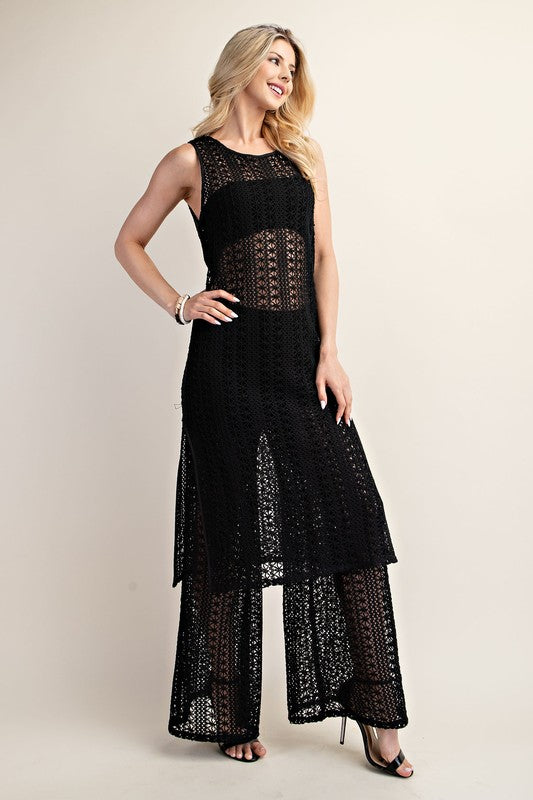 Shantel Crochet Knit Tunic Top & Pants Set - Black