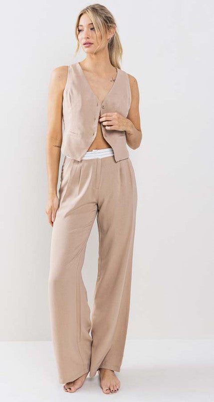 Tilly Cut Out Vest Top & Contrast Band Straight Pant Set
