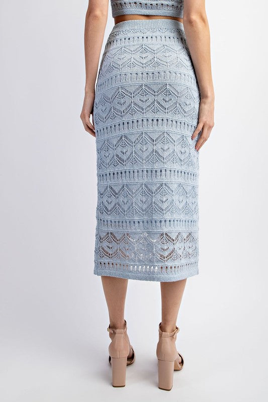 Sabi Crochet Knit Halter Crop Top & Midi Skirt Set - Misty Blue