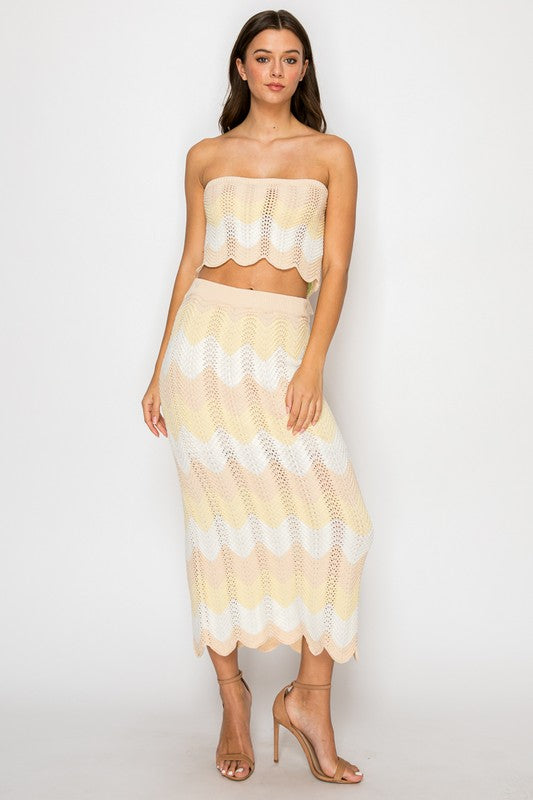 Gianni Knit Crochet Strapless Tie Back Top & Midi Skirt Set