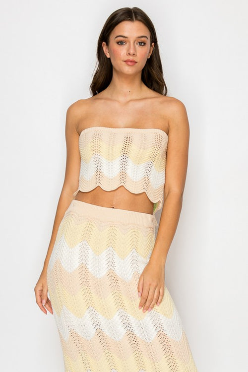 Gianni Knit Crochet Strapless Tie Back Top & Midi Skirt Set
