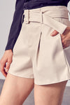 Vanessa Belted Faux Leather Shorts - Cream