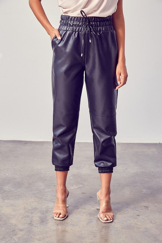 Matilde Smocked Faux Leather Joggers - Black