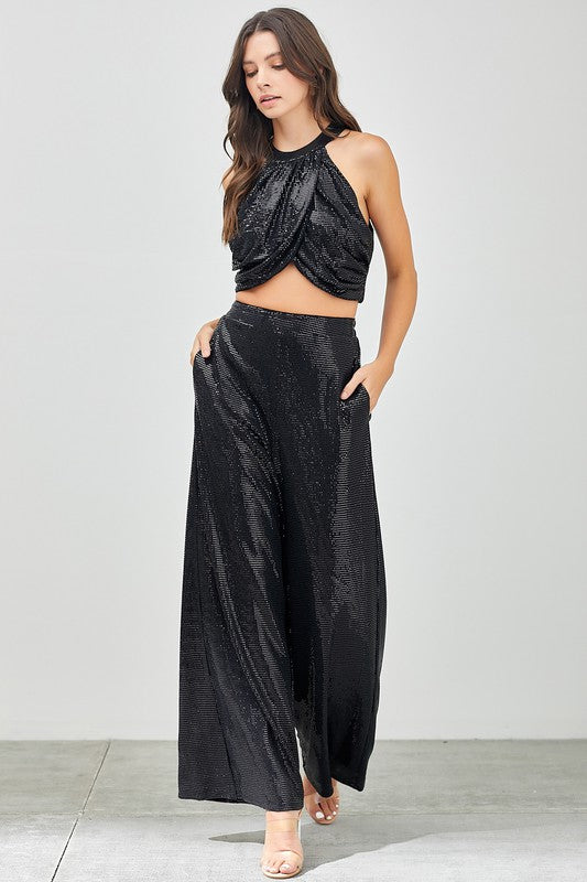 Lindsey Flared Bottom Sequin Pants - Black