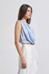 Edme Sleeveless Front Overlap Satin Top - Blue