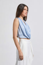 Edme Sleeveless Front Overlap Satin Top - Blue