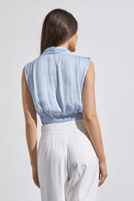 Edme Sleeveless Front Overlap Satin Top - Blue